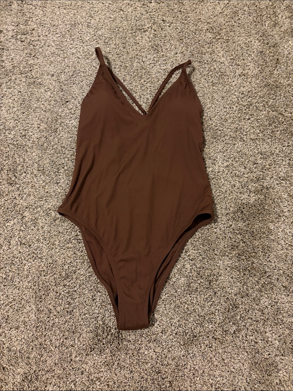 Shade & Shore Brown Ribbed V-Neck One-Piece Swimsuit